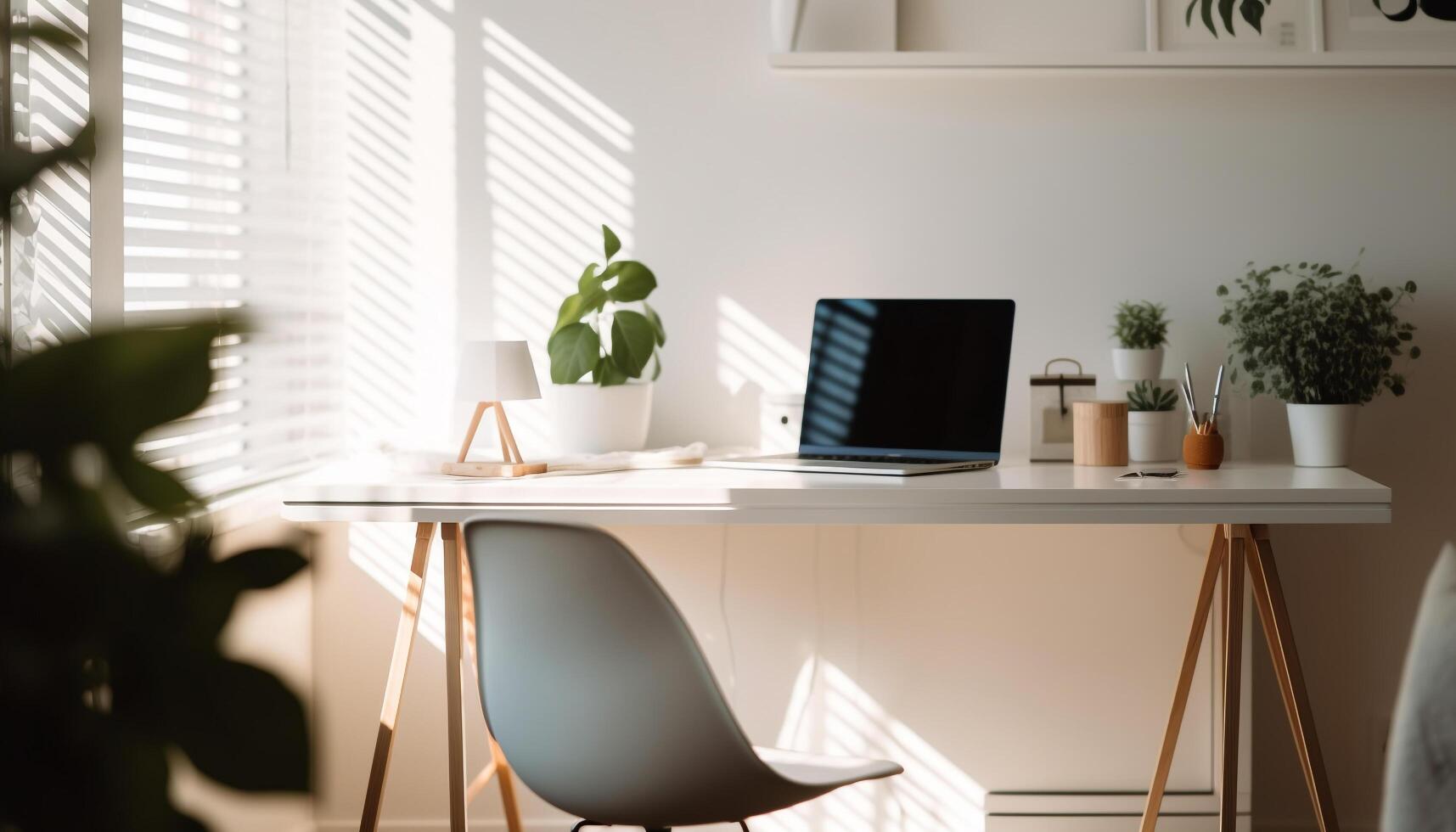 moderne Bureau conception avec brillant décor, confortable chaise, et portable généré par ai photo