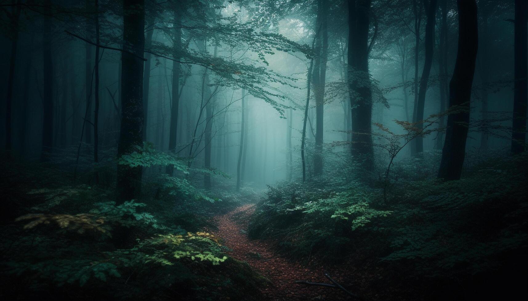 une effrayant forêt mystère sombre, brumeux, et plein de aventure généré par ai photo