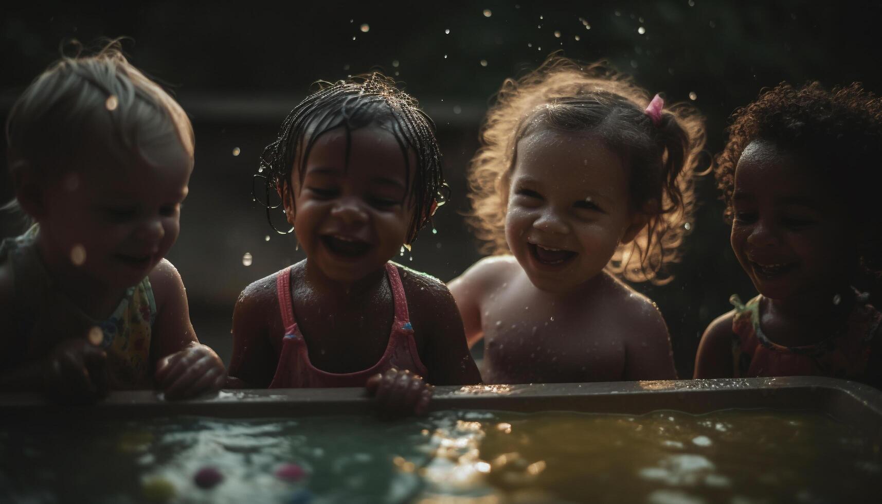 une groupe de de bonne humeur les enfants en jouant dans le humide en plein air généré par ai photo