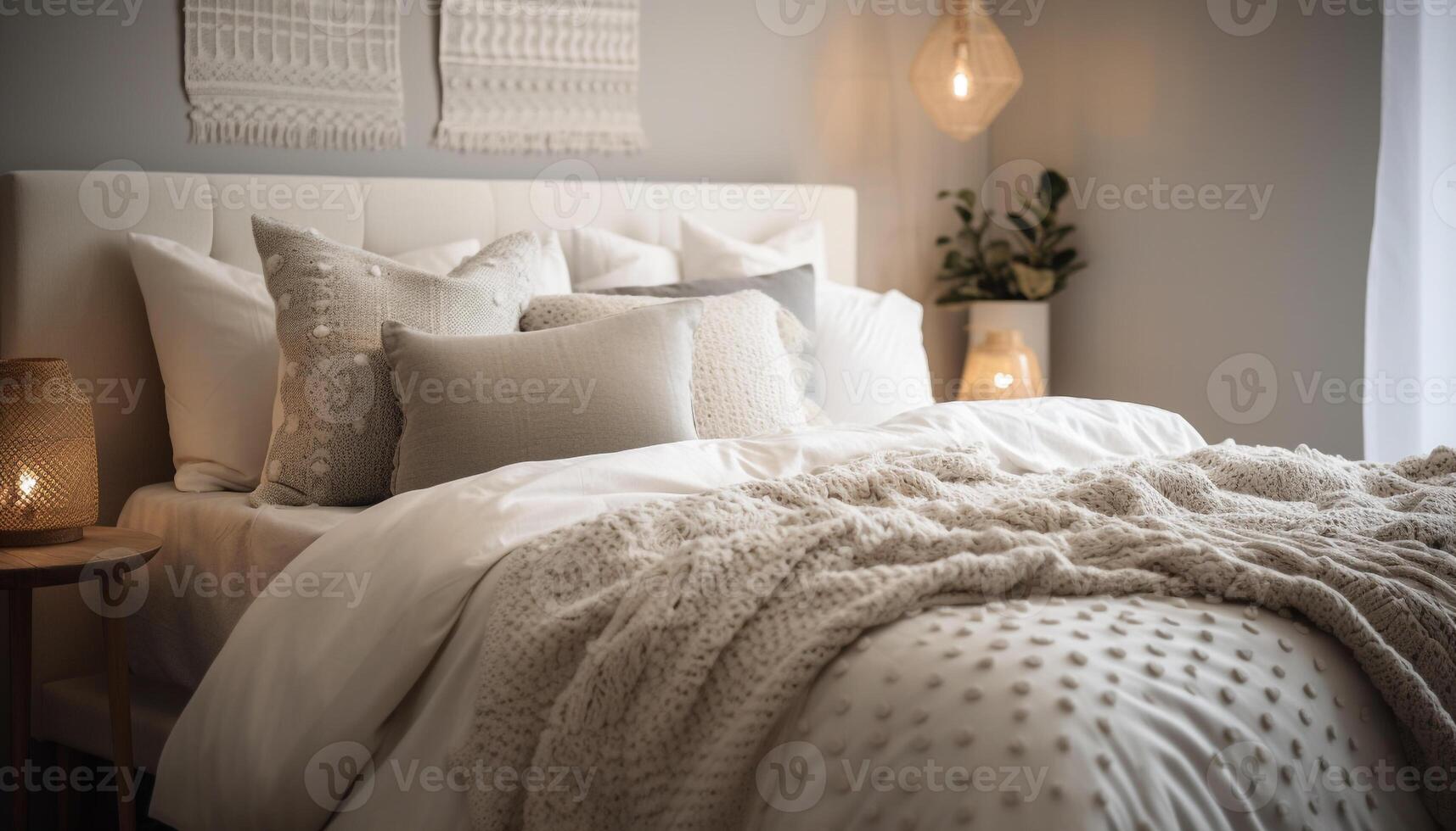 moderne luxe chambre avec confortable literie et élégant décor généré par ai photo