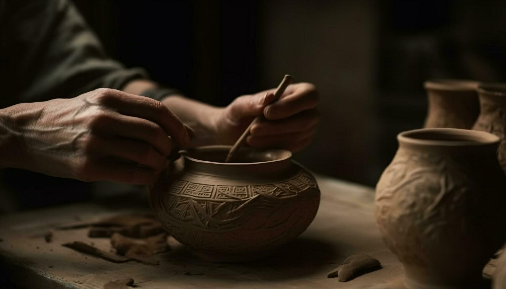 artisan façonner humide argile sur poterie roue, création faïence