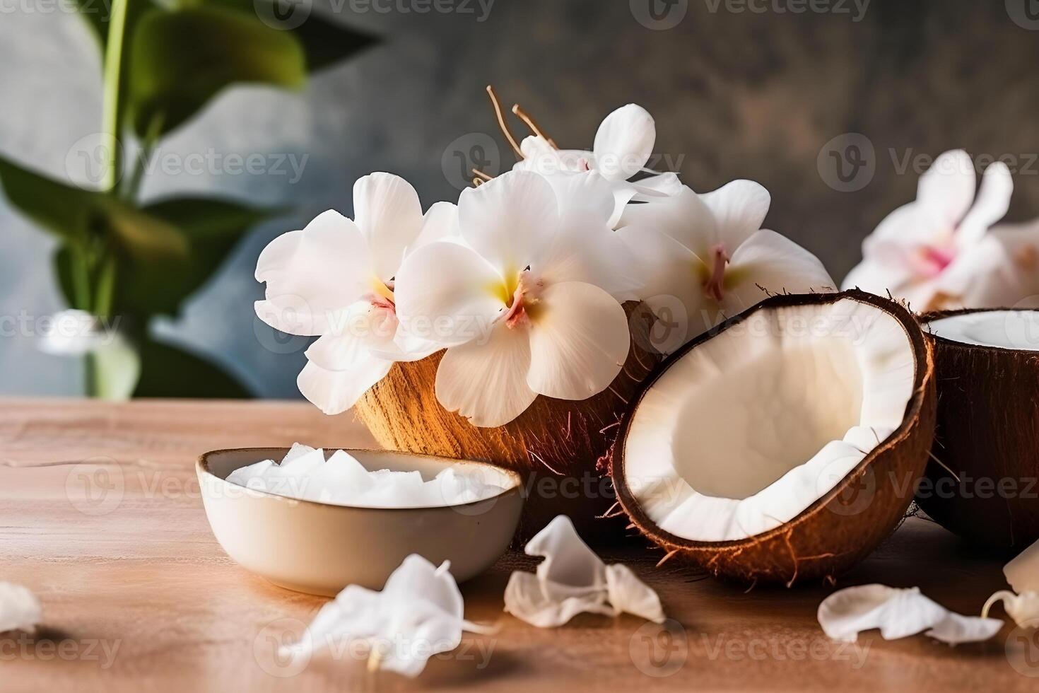 noix de coco tranches avec feuilles et fleurs pour été esthétique génératif ai photo
