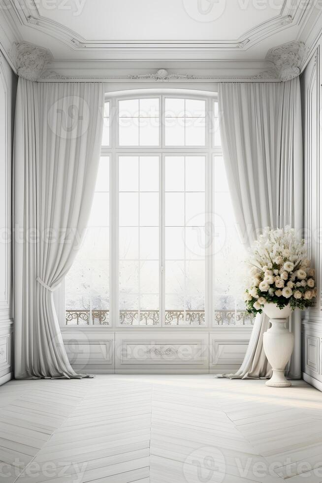 élégant de face vue d'or rapport composition de une magnifique blanc pièce avec étourdissant intérieur génératif ai photo