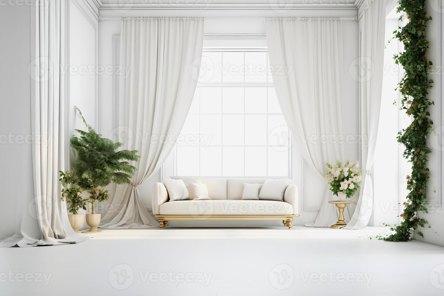 élégant de face vue d'or rapport composition de une magnifique blanc pièce avec étourdissant intérieur génératif ai photo
