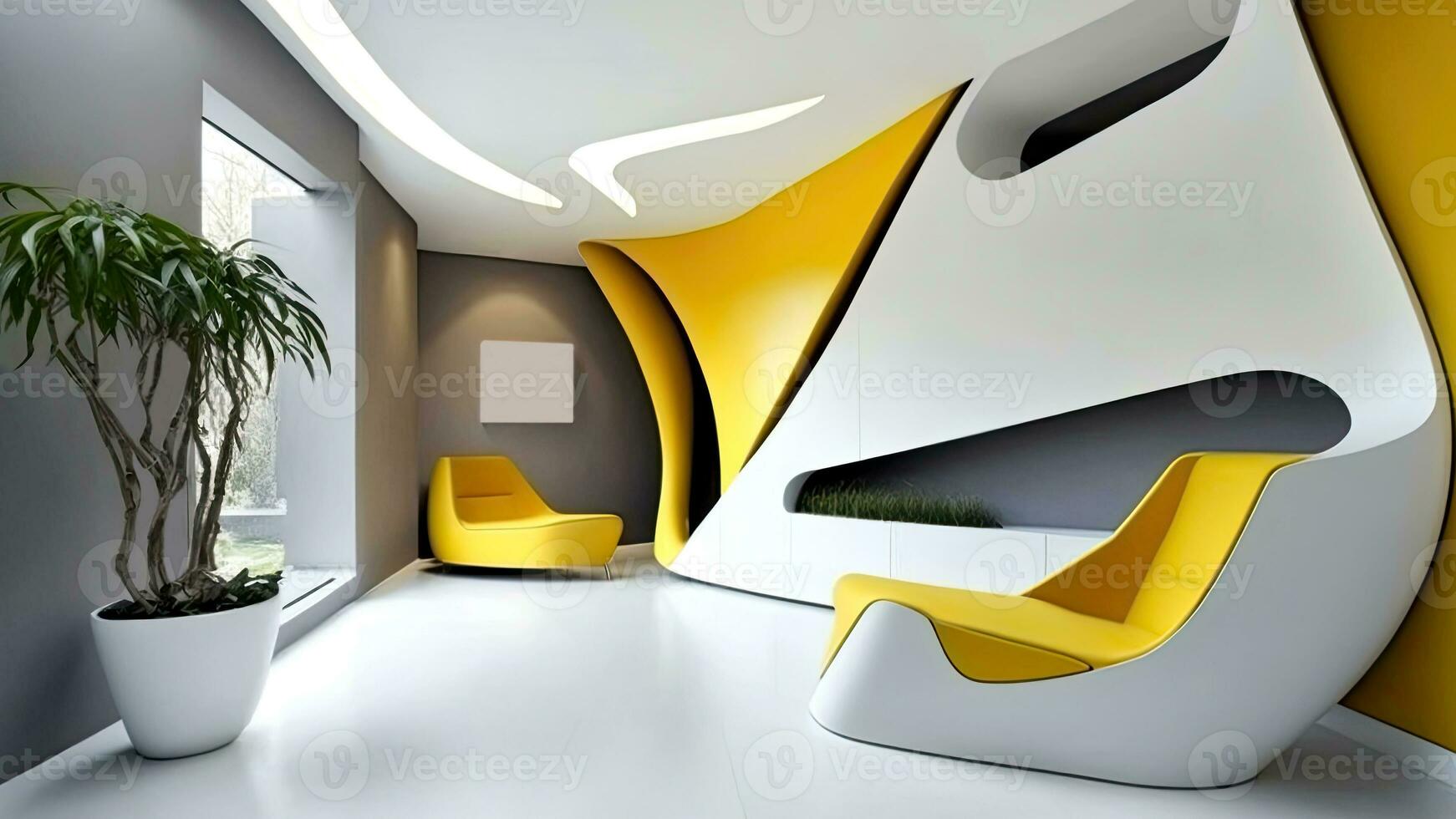 moderne intérieur conception concept de futuriste architectural avec plante d'appartement pot et les fauteuils. génératif ai technologie. photo