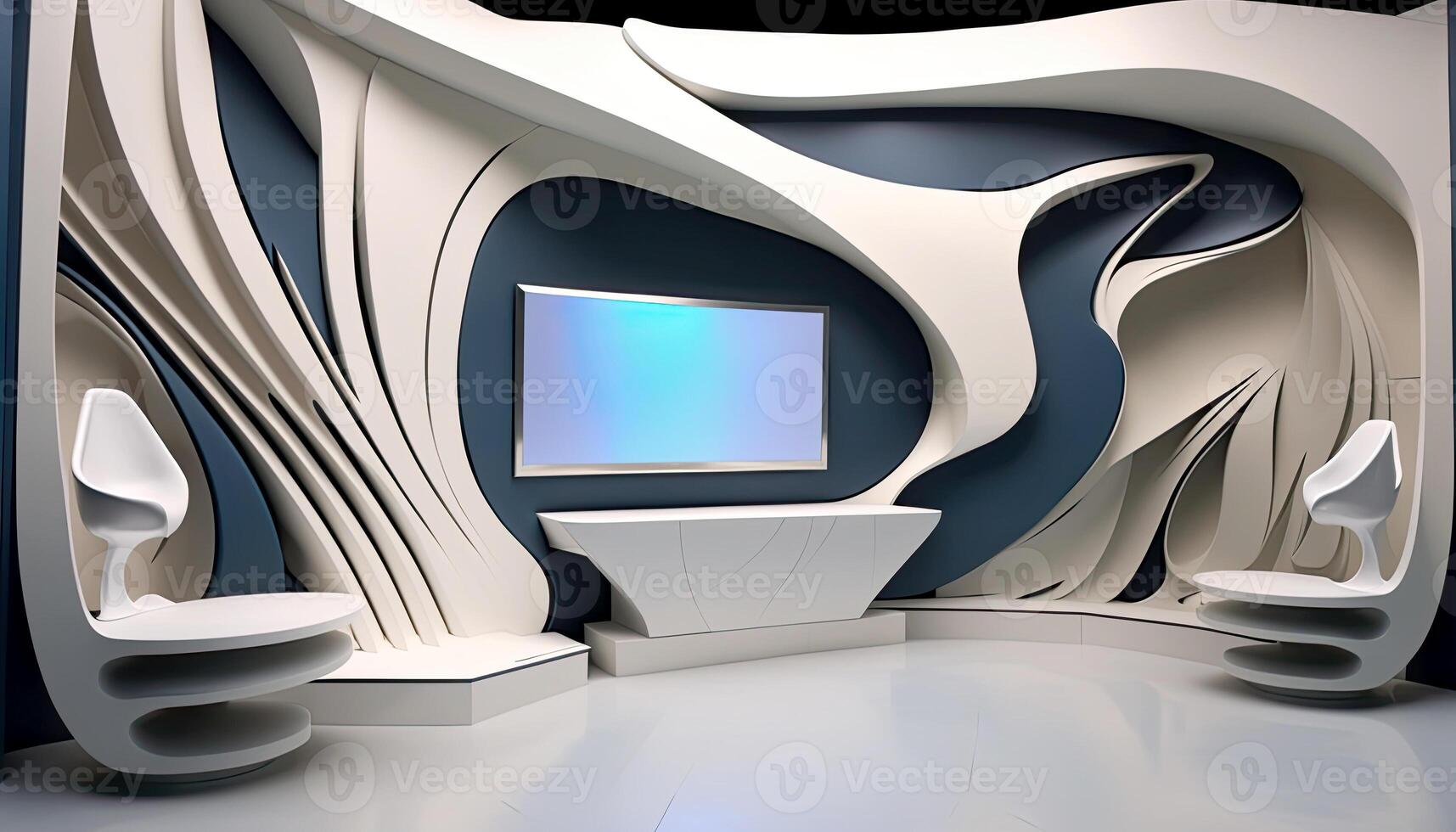 ultra moderne et futuriste intérieur conception de nouvelles studio ou pièce avec mur monté plat la télé filtrer. toile de fond pour vidéo ou photo production. génératif ai technologie.