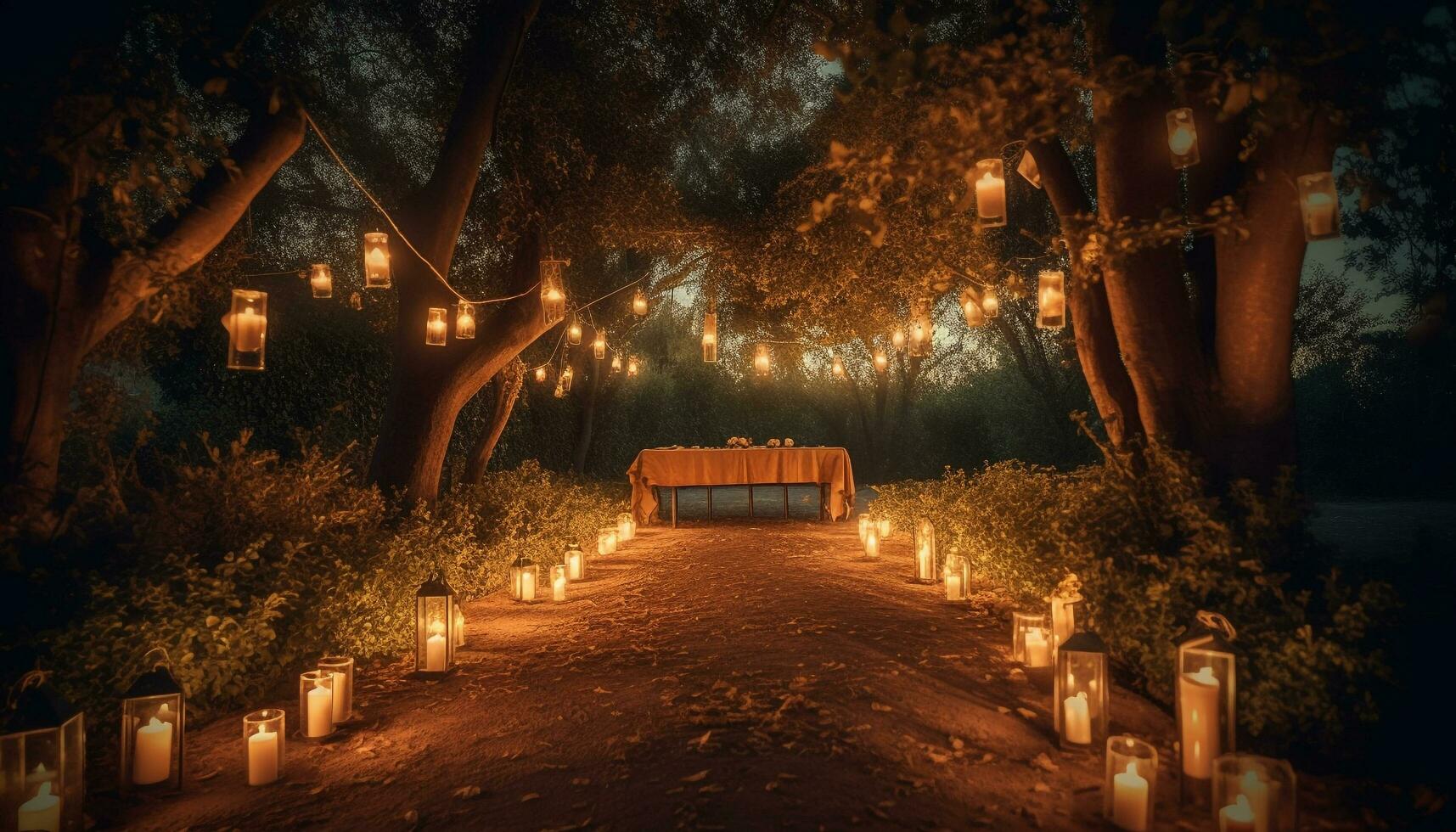 embrasé lanterne illumine effrayant l'automne forêt scène généré par ai photo