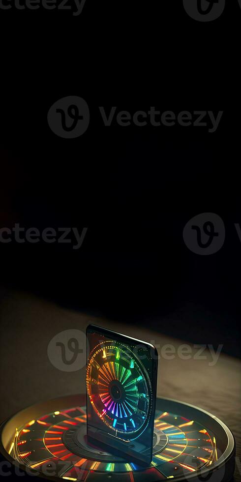 coloré embrasé roulette roue dans téléphone intelligent écran et copie espace pour en ligne casino Jeu concept. génératif ai technologie. photo