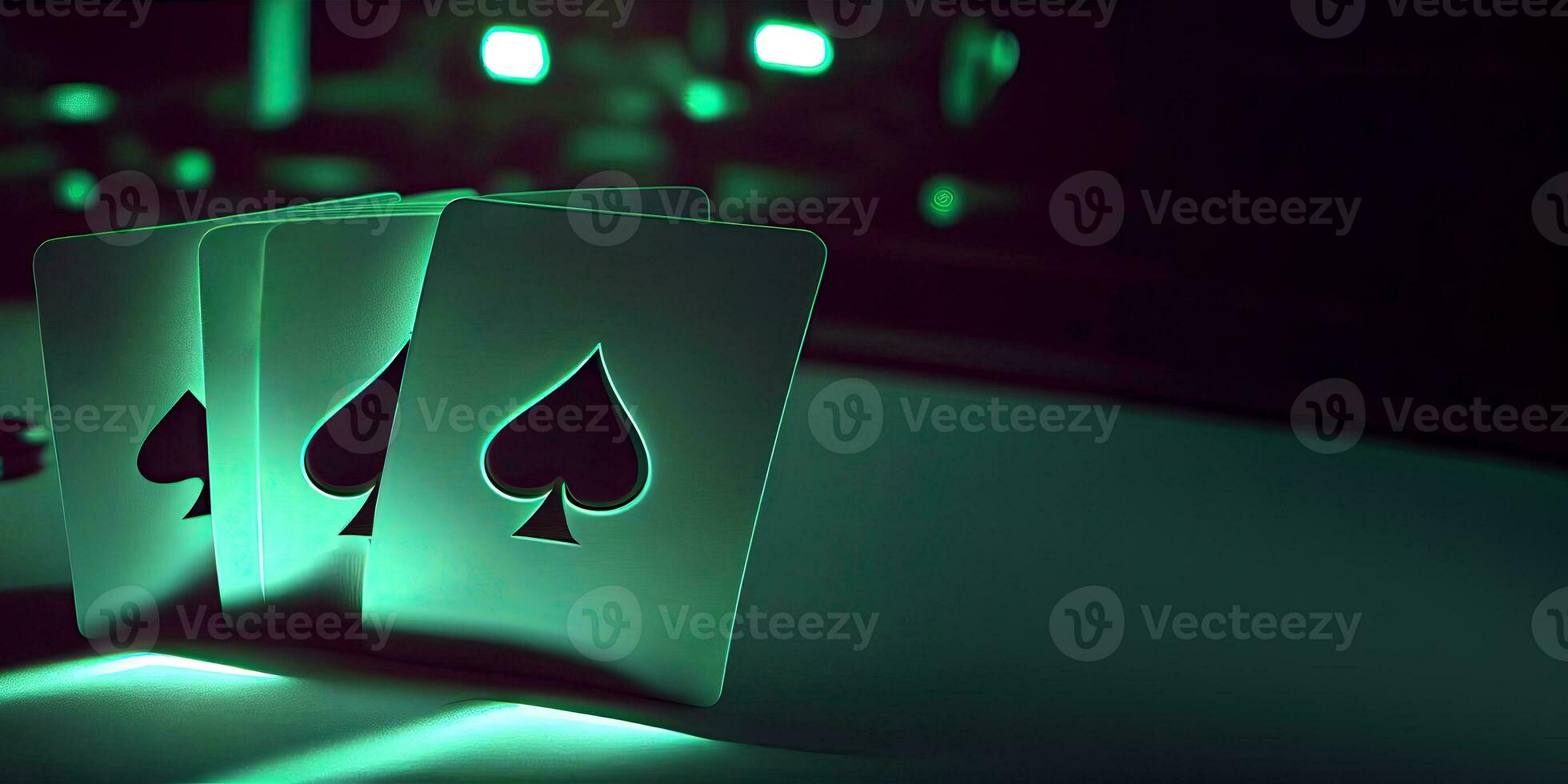 vert lumière effet en jouant cartes de bêche contre arrière-plan, casino Jeu et jeux d'argent concept. génératif ai technologie. photo