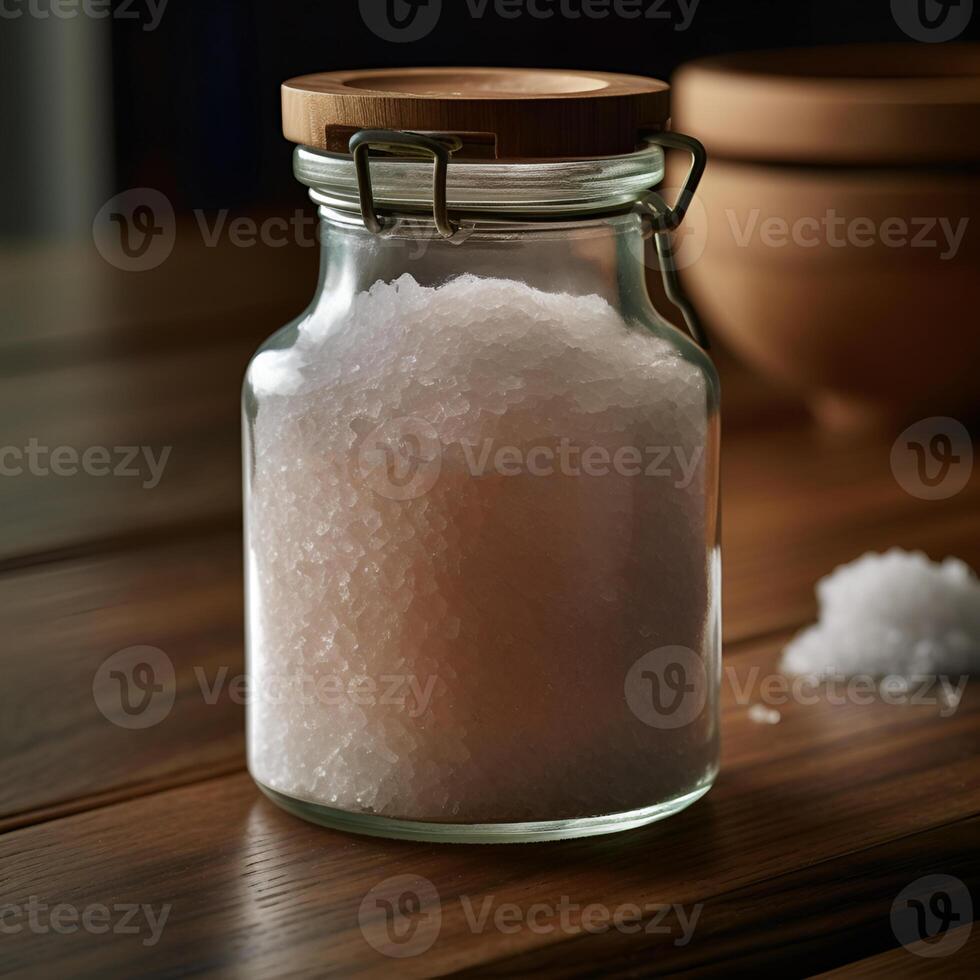 verre pot avec himalayen sel. flou marron Contexte. une pile de grossier mer sel sur une en bois tableau. ai généré. photo