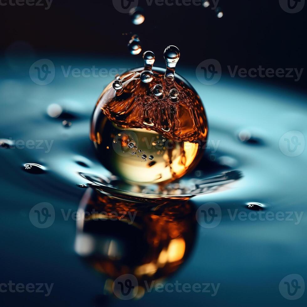 une rond laissez tomber chutes dans le l'eau fermer sur une flou Contexte avec une bokeh effet. bannière maquette, peau se soucier cosmétique hydratants. génératif ai photo