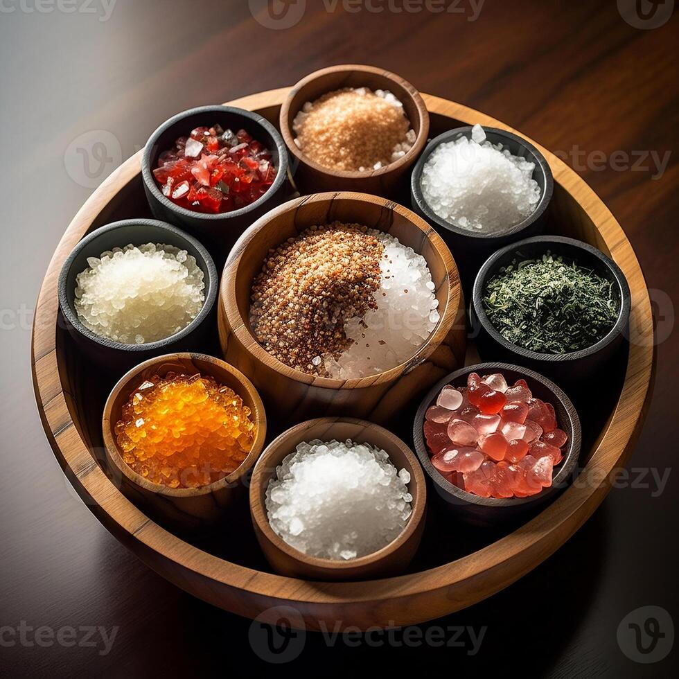 himalayen sel ensemble dans différent couleurs et tailles. en bois bol avec épices et assaisonnements. ai généré photo
