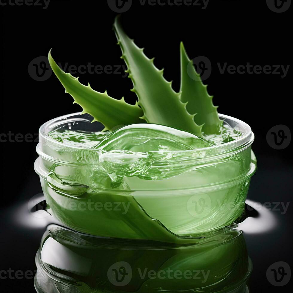 vert succulent aloès Vera plante et Crème hydratante crème dans pot sur noir Contexte. beauté industrie. biologique produits de beauté. génératif ai photo