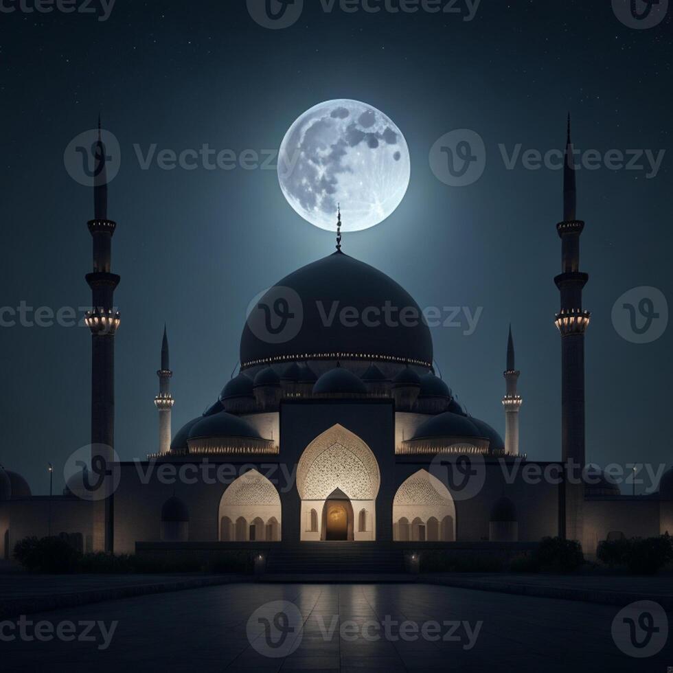 photo une grand bleu mosquée avec le lune dans le Contexte ai génératif