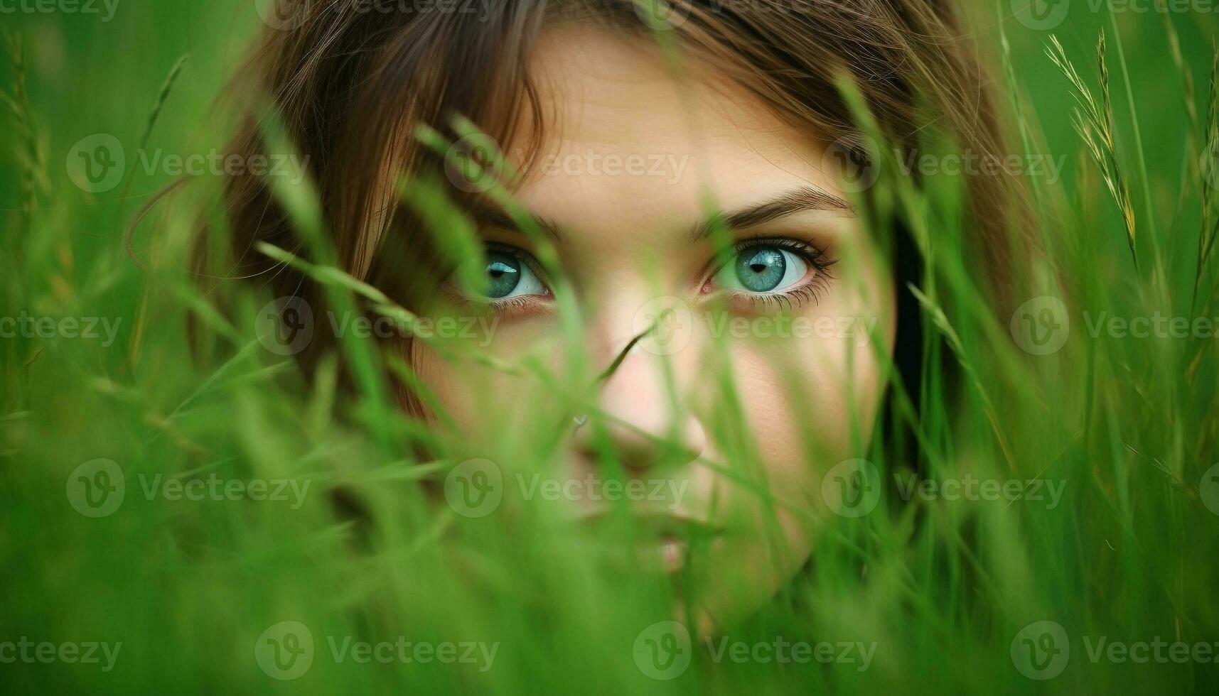 mignonne fille souriant, à la recherche à caméra dans Prairie généré par ai photo