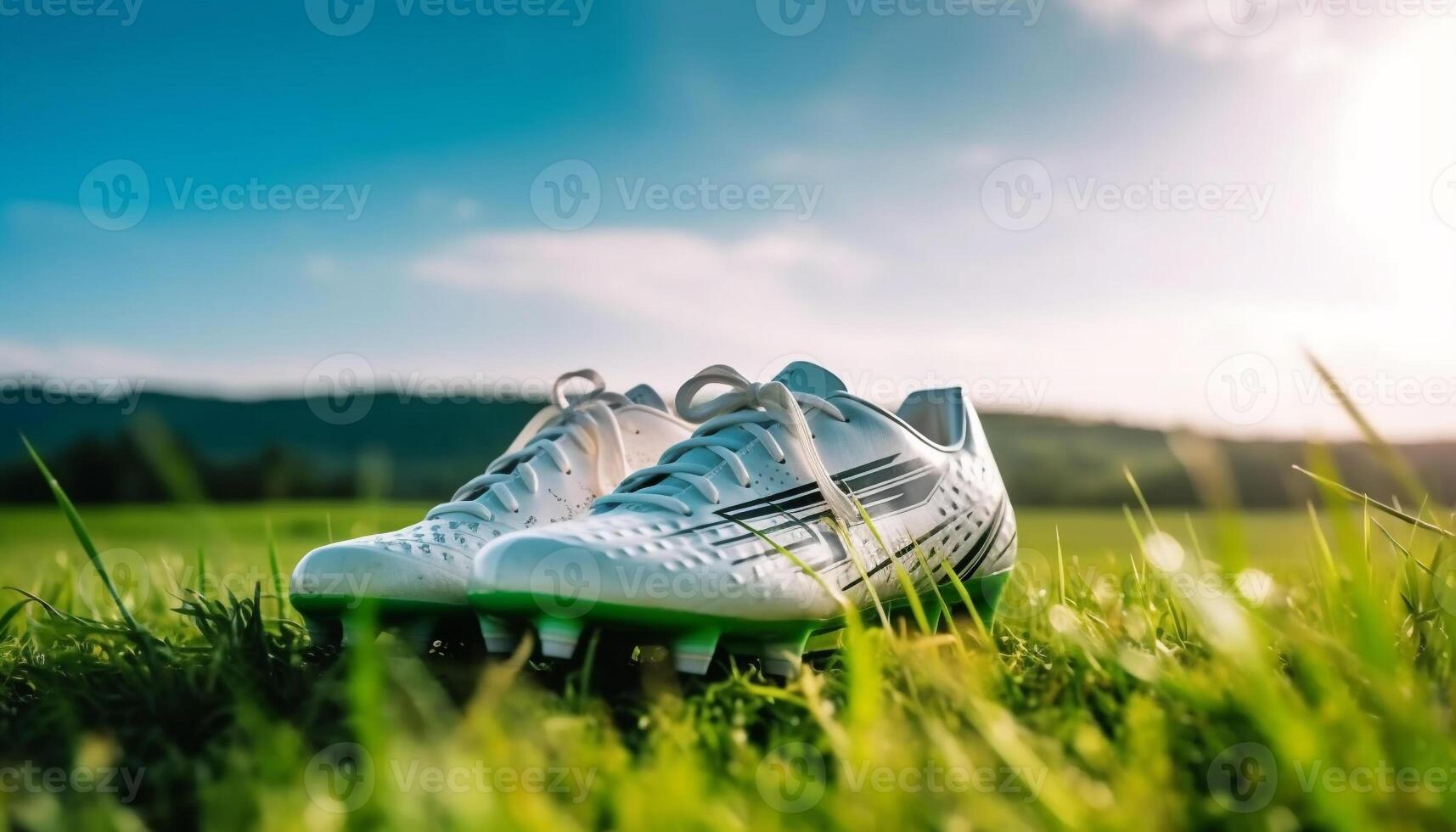 vert des sports chaussure sur herbe dans Prairie généré par ai photo