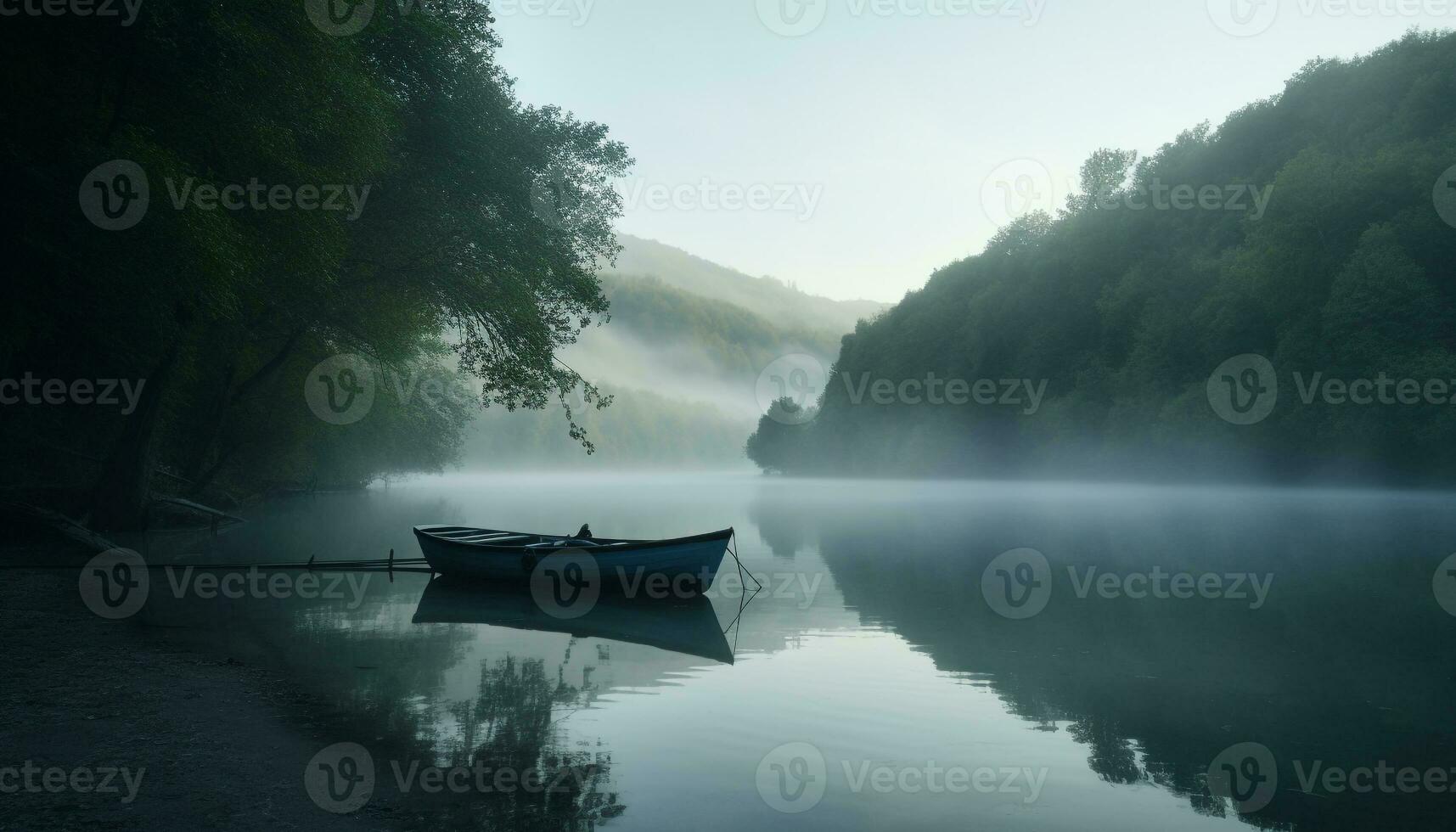 silencieux canot à rames glisse par brumeux l'automne paysage généré par ai photo