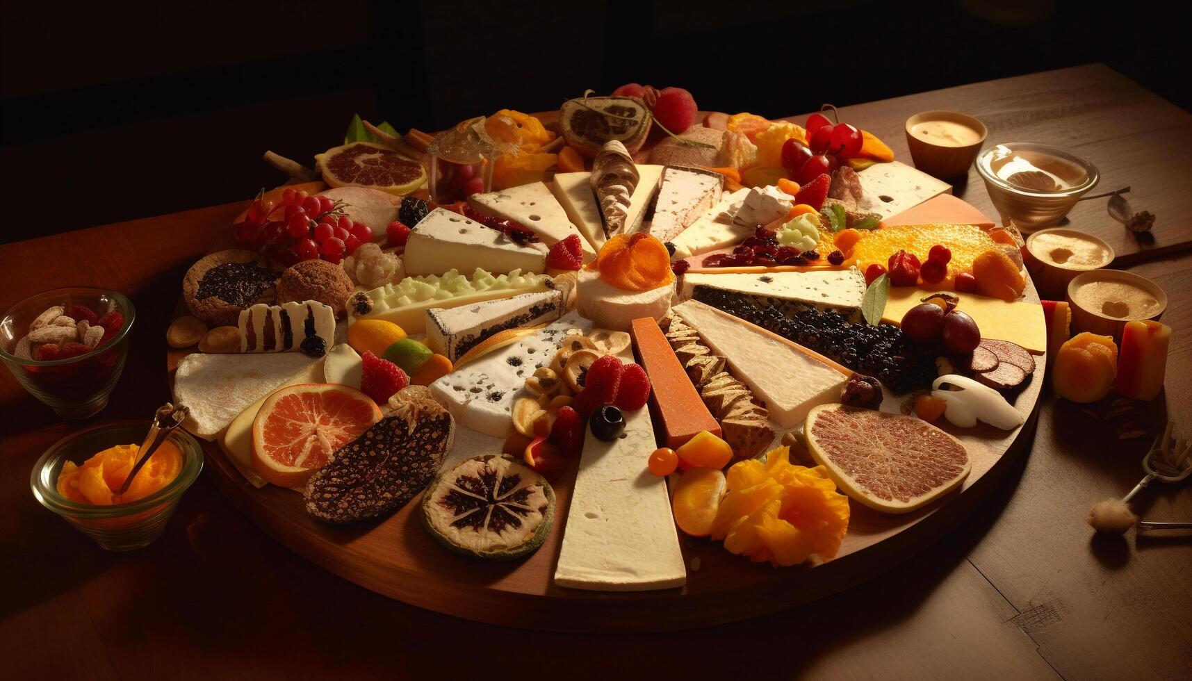 gourmet buffet avec Frais fruit, Viande, et fromage généré par ai photo