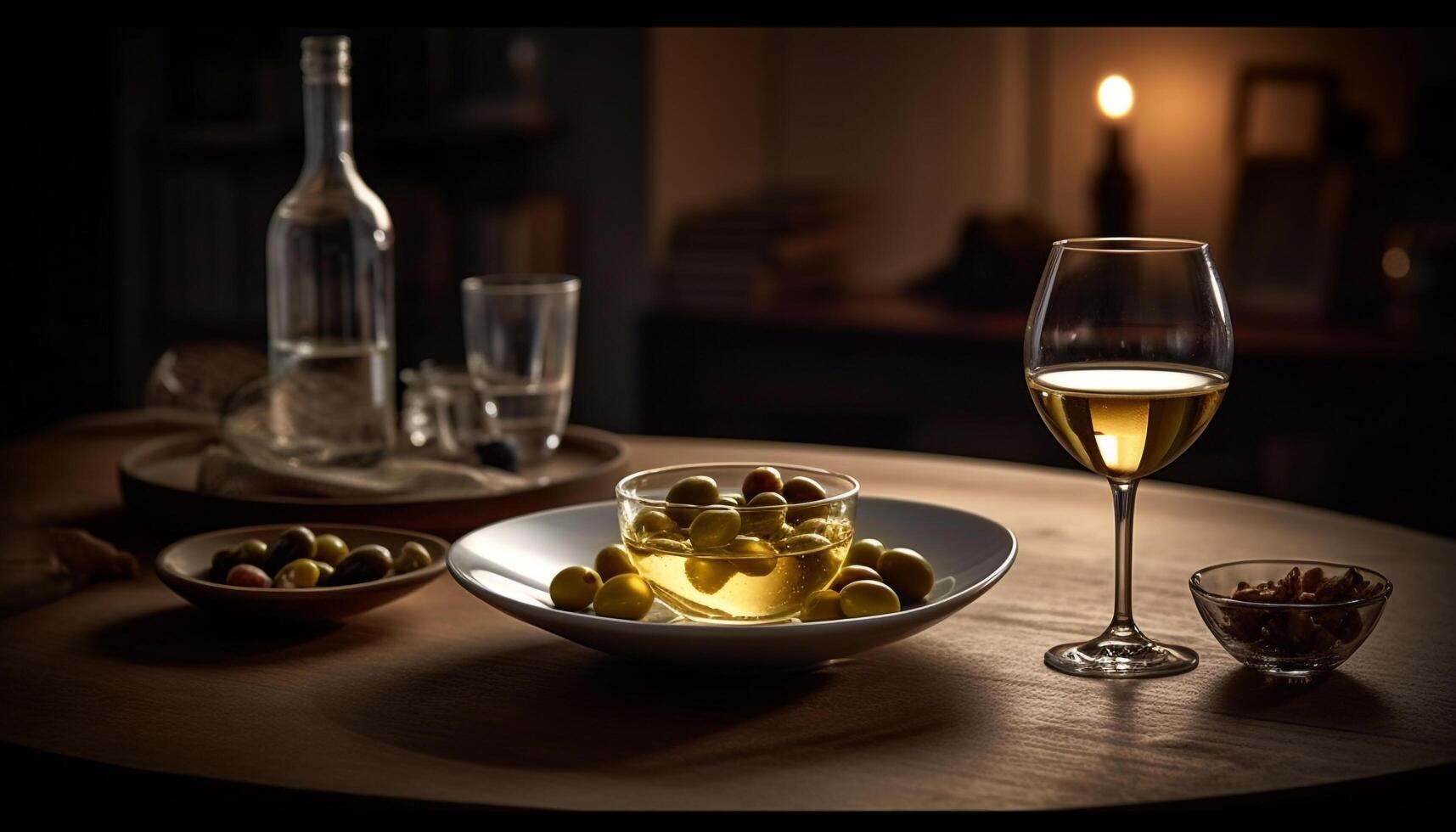 luxe du vin bouteille sur tableau, élégant fête à l'intérieur généré par ai photo