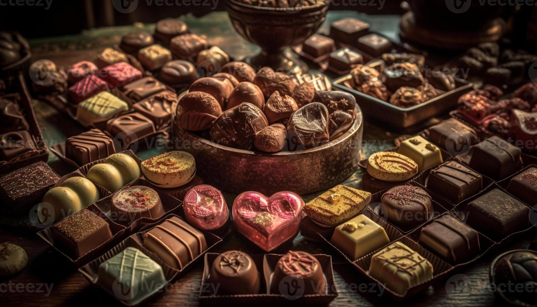 abondance de gourmet Chocolat truffes dans cœur forme généré par ai photo