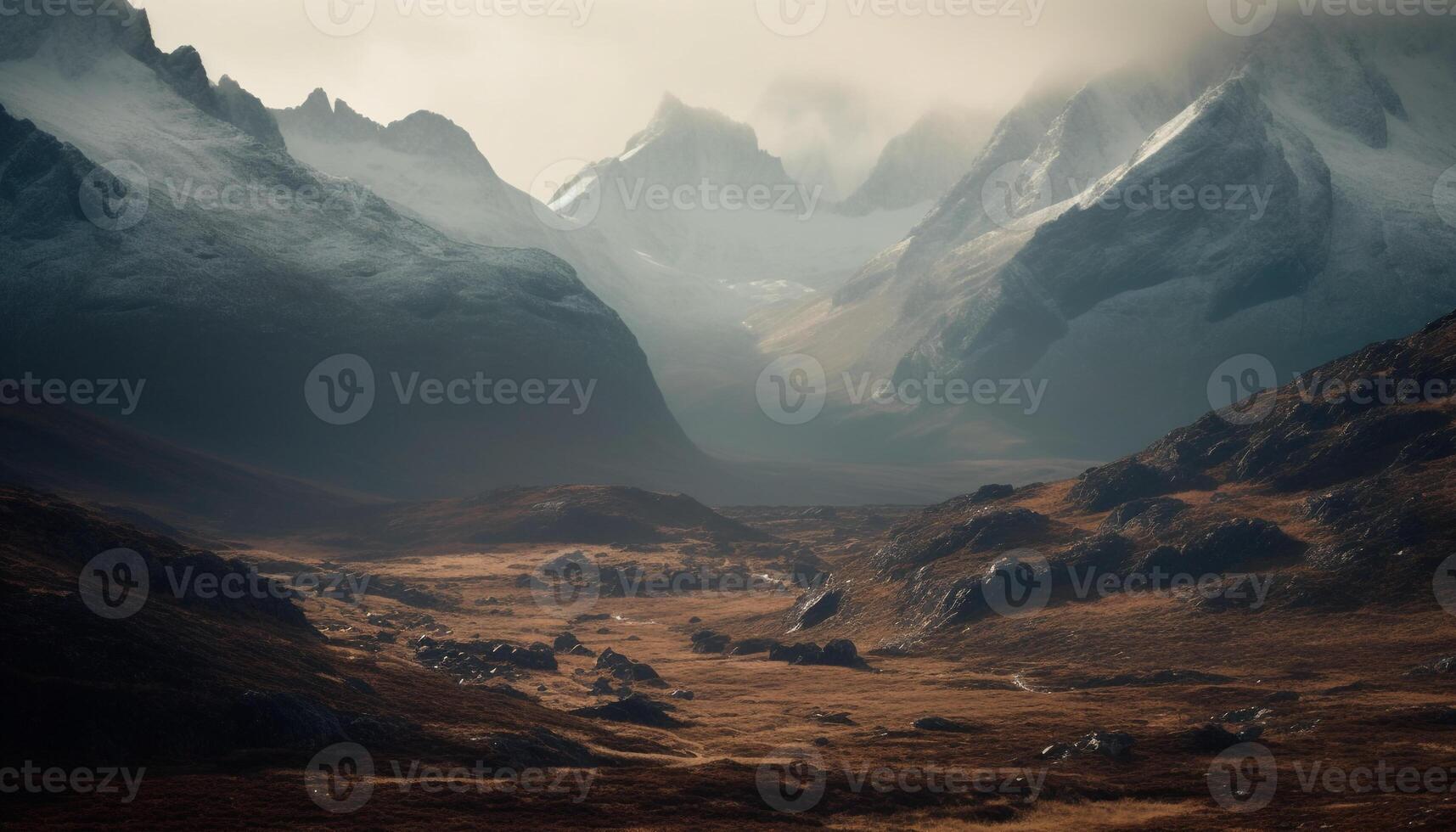 majestueux Montagne gamme, tranquille prairie, serein le coucher du soleil généré par ai photo