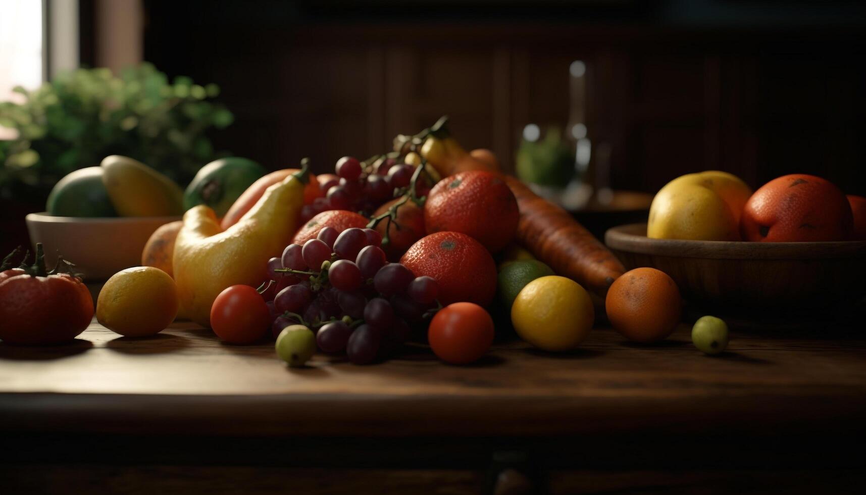 frais, biologique des fruits et légumes sur rustique table généré par ai photo