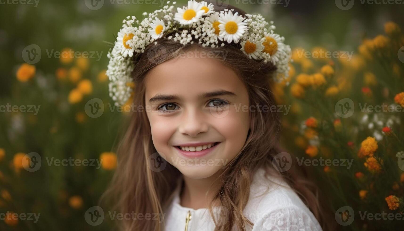 mignonne caucasien fille détient Marguerite couronne, souriant joyeusement généré par ai photo