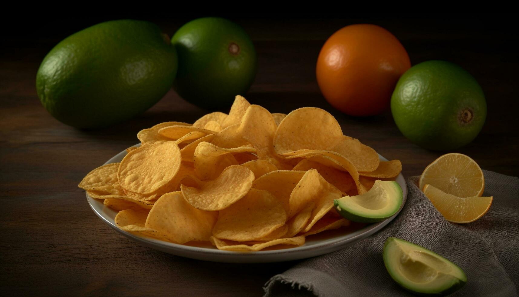 Frais guacamole avec chaux, coriandre, et tortilla frites généré par ai photo