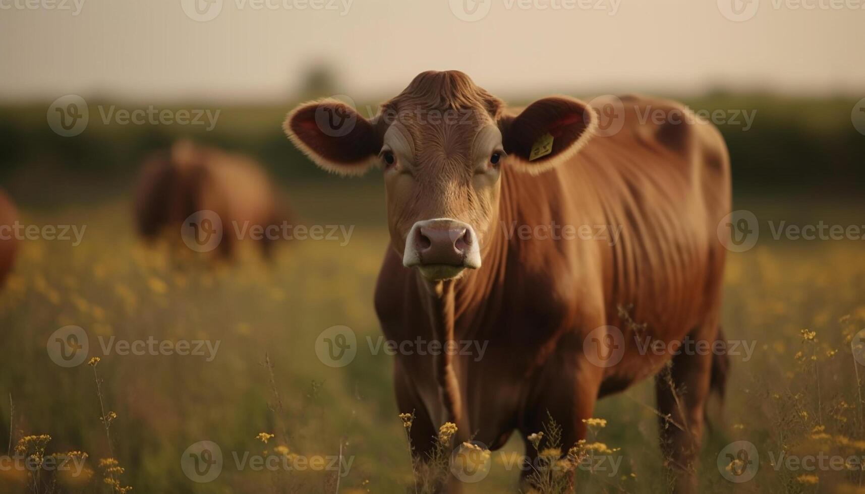 mignonne vache pâturage dans vert Prairie à lever du soleil généré par ai photo