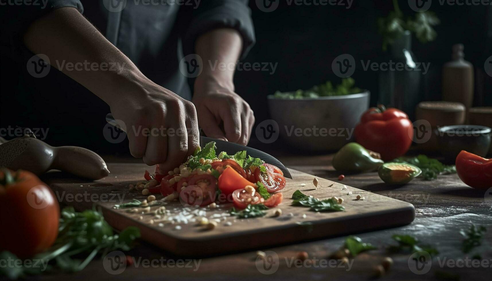 Frais végétarien salade avec biologique ingrédients, tranché Cerise tomates et herbes généré par ai photo