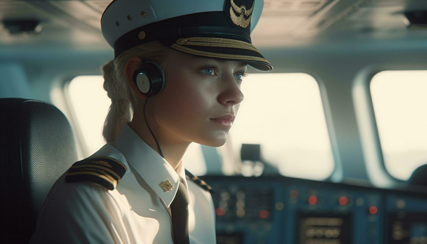 Jeune adulte caucasien femme pilotes commercial avion avec casque à l'intérieur généré par ai photo