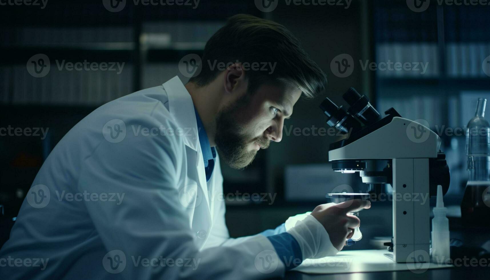 scientifique en cours d'analyse biochimie, grossissement et innovation dans laboratoire expérience généré par ai photo