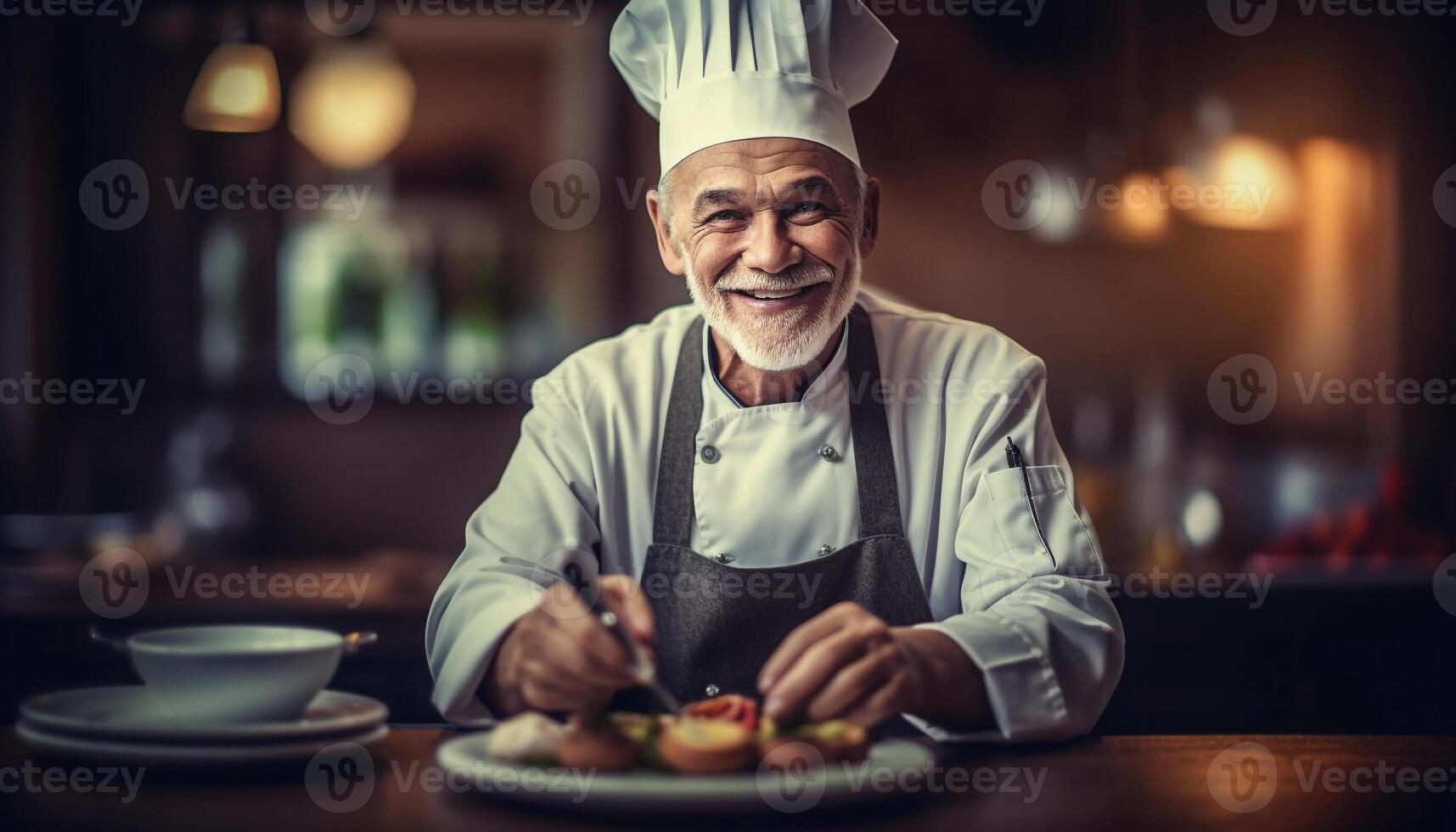 souriant Hommes dans cuisine, un chef en portant Frais assiette avec confiance généré par ai photo