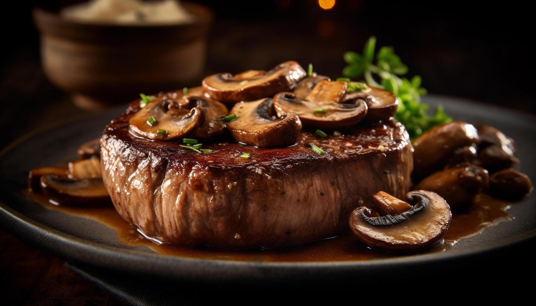 grillé aloyau steak avec comestible champignon et Frais légume apéritif généré par ai photo