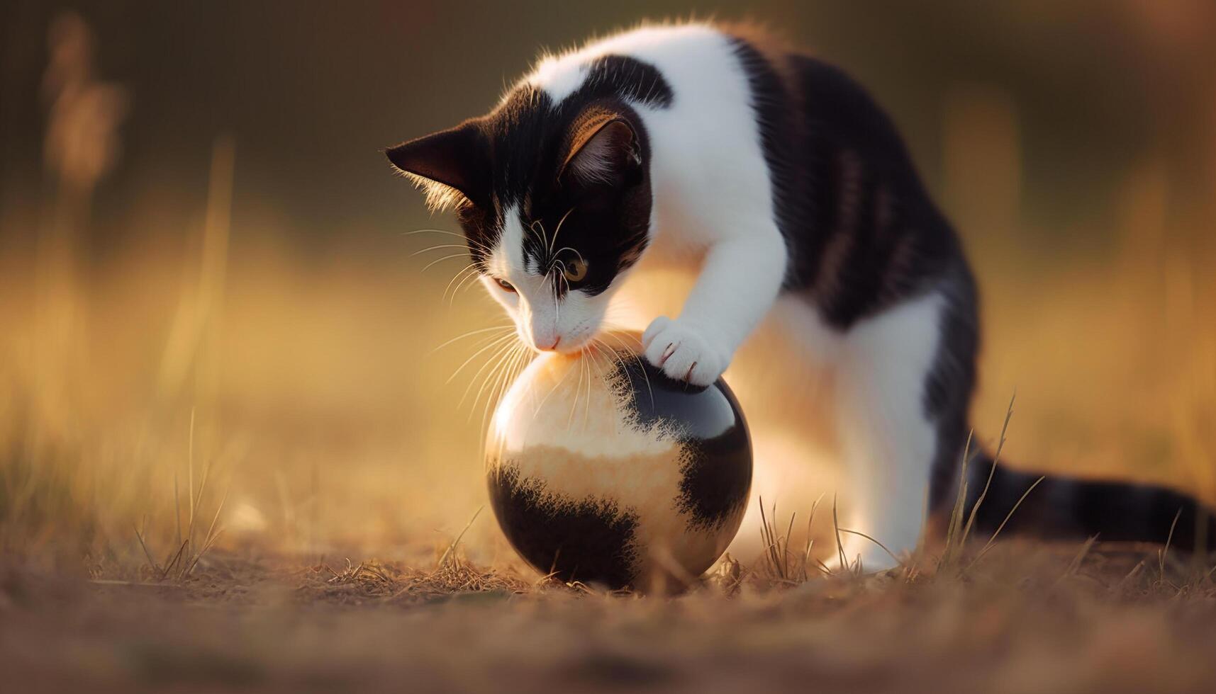 espiègle chaton contagieux Balle dans prairie, beauté dans la nature le coucher du soleil généré par ai photo