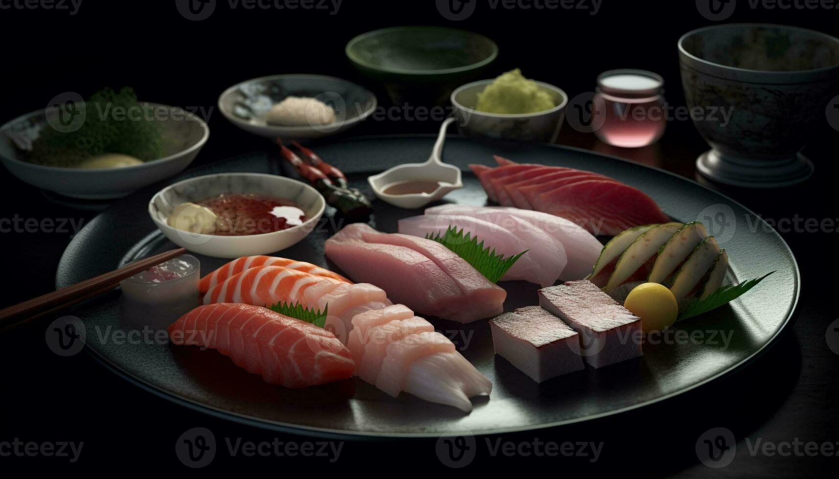 Frais Fruit de mer repas avec sashimis, nigiris, et maki Sushi généré par ai photo
