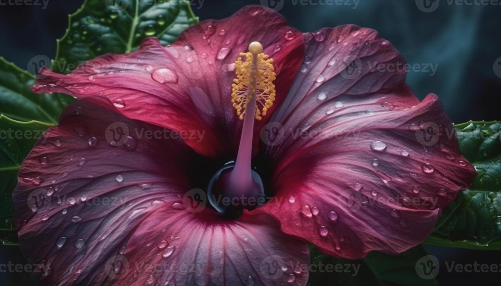 vibrant hibiscus fleurir, humide avec rosée, brille dans tropical jardin généré par ai photo