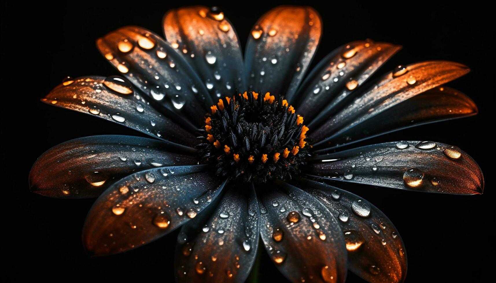 vibrant camomille fleur brille dans humide Prairie sur noir Contexte généré par ai photo