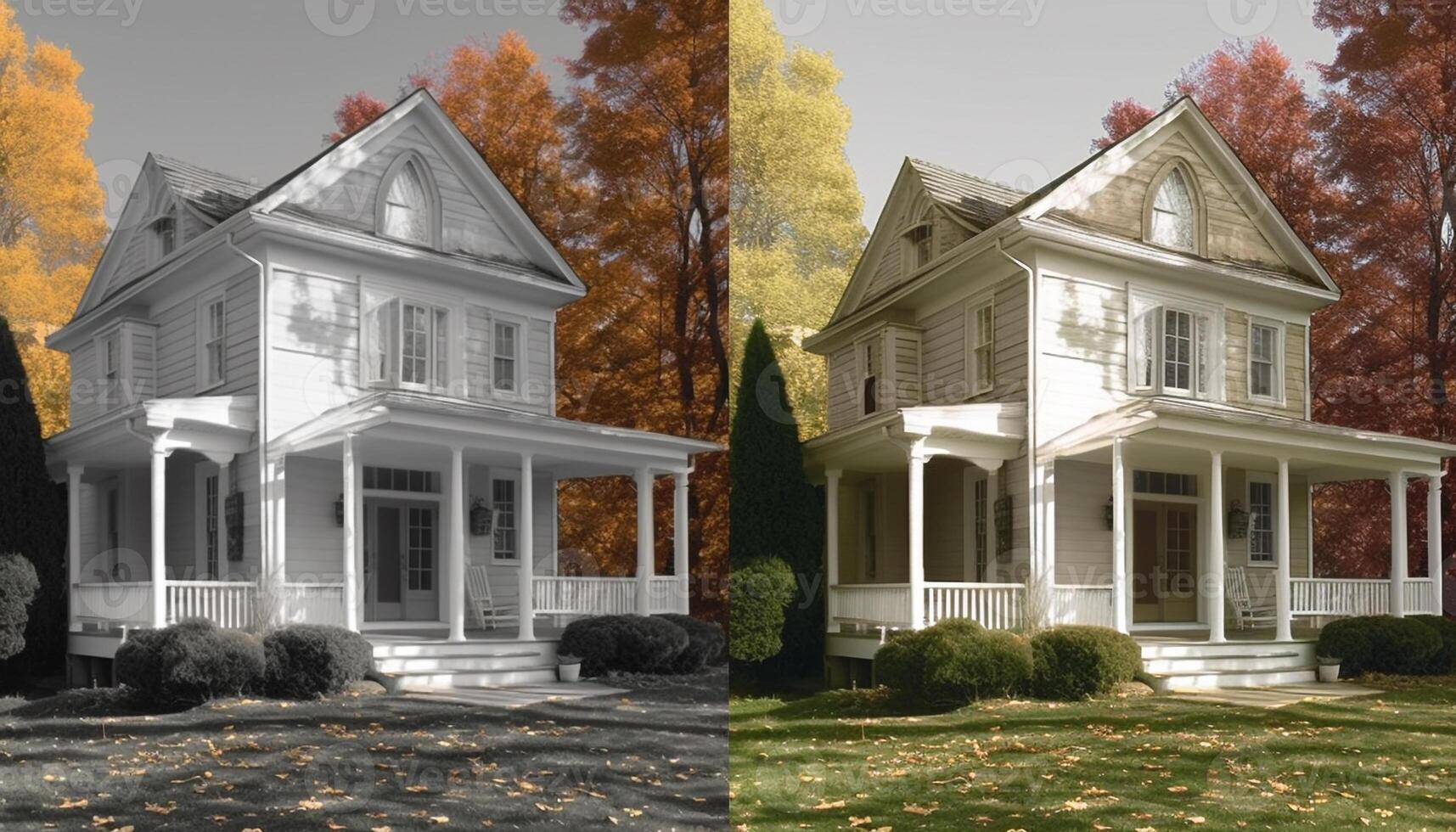 moderne Résidentiel bâtiment avec l'automne des arbres et vert pelouse en plein air généré par ai photo