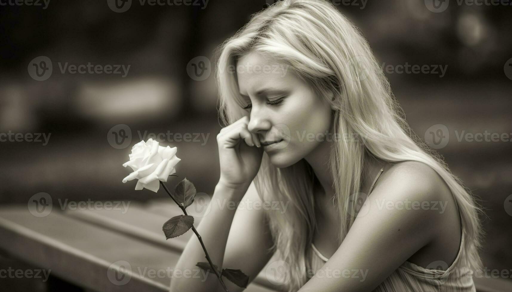 solitude dans la nature une portrait de une triste, Jeune femme généré par ai photo