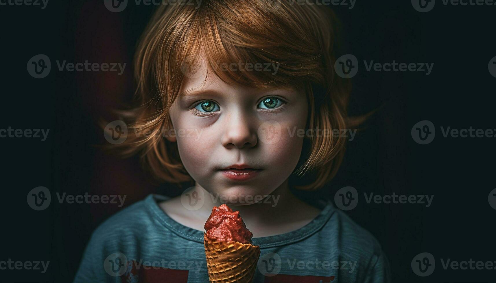 mignonne enfant en portant la glace crème cône, à la recherche à caméra avec joie généré par ai photo