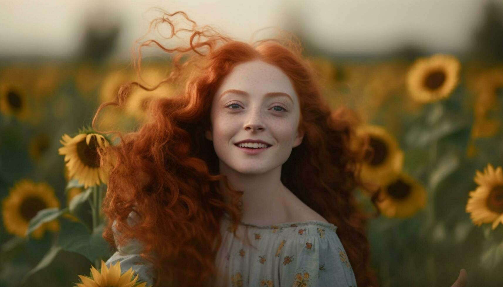 Jeune adulte femme souriant dans une Prairie de tournesols généré par ai photo