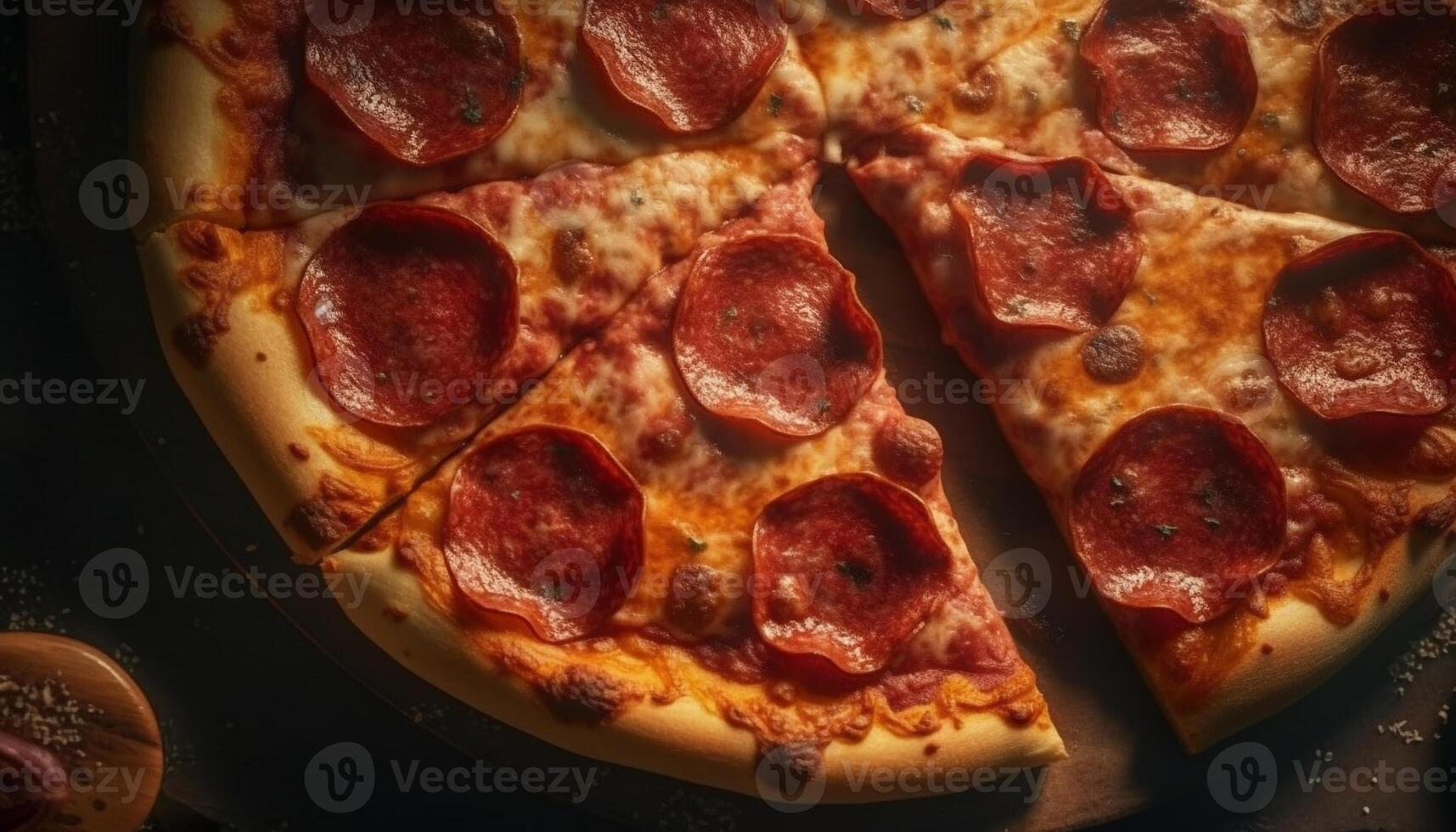 haute angle vue de rustique, fait maison pepperoni Pizza cuit Frais généré par ai photo