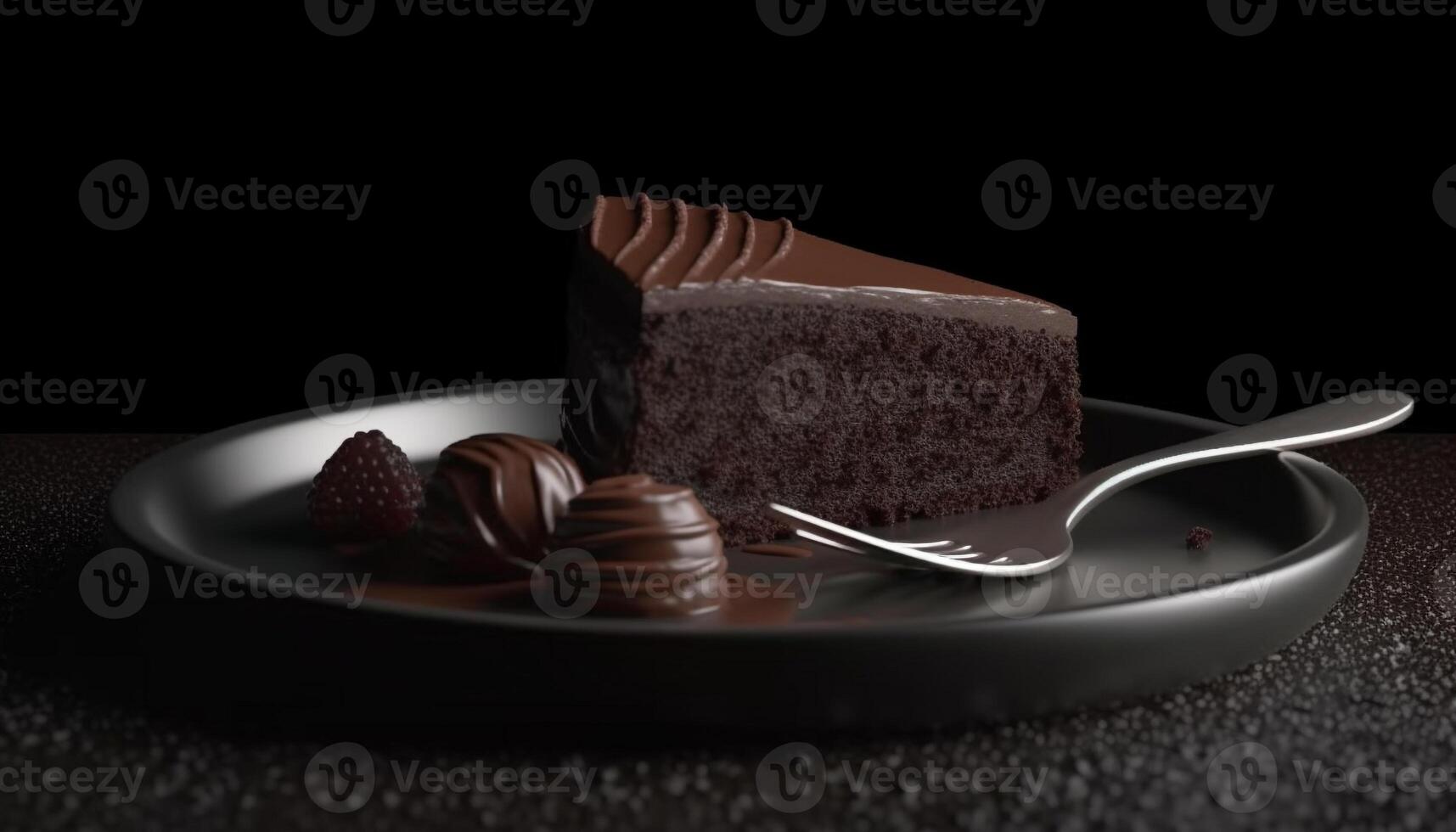 foncé Chocolat dessert sur noir assiette avec Frais fraise tranche généré par ai photo