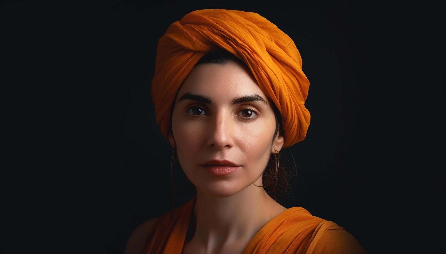 magnifique Jeune femme avec marron cheveux et turban à la recherche sur de soi généré par ai photo