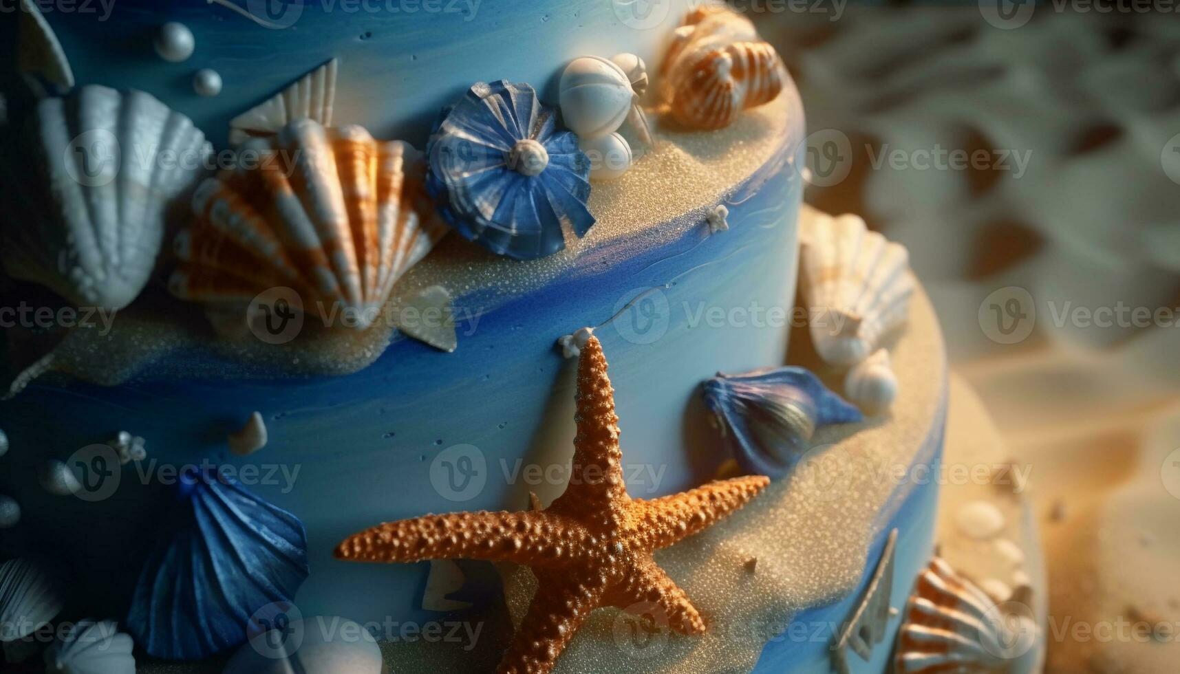 tropical coquillage collection, étoile de mer et poisson décoration sur bleu assiette généré par ai photo
