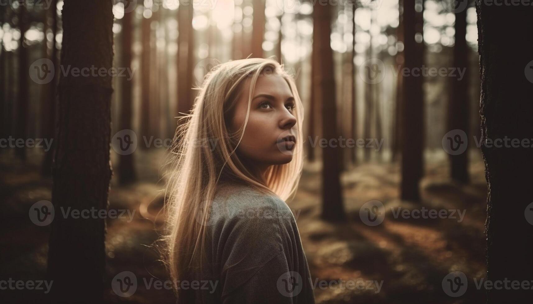 Jeune femme dans forêt, beauté dans nature, à la recherche une façon généré par ai photo