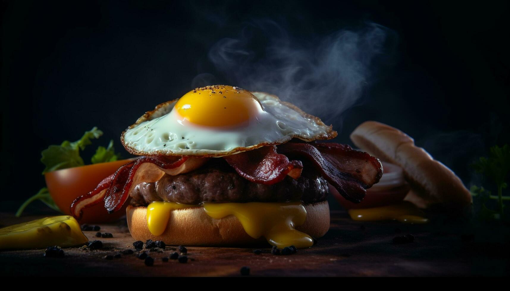 grillé Viande sandwich sur en bois table avec Frais des légumes généré par ai photo