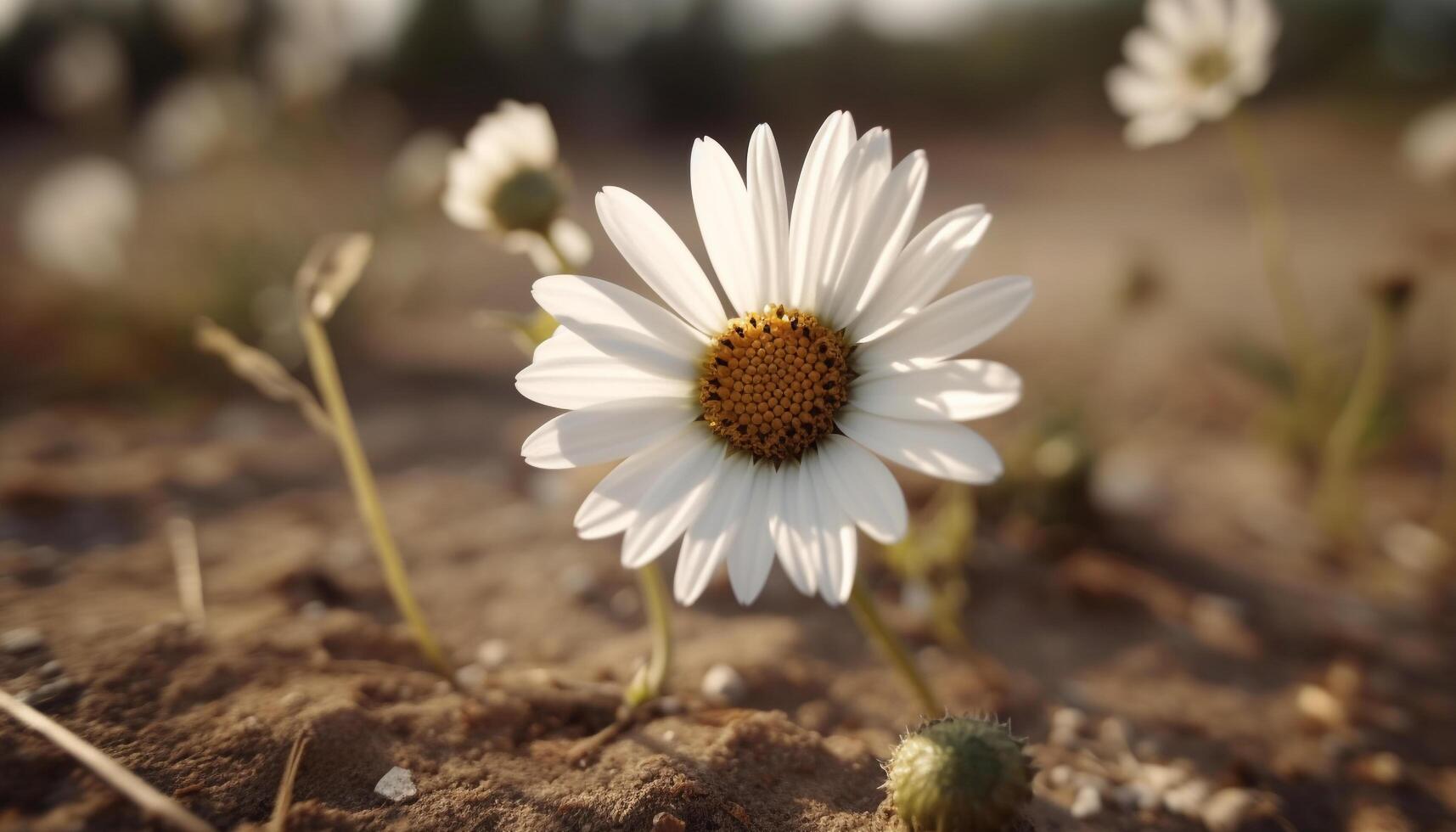 doux concentrer sur Célibataire Marguerite, brillant Jaune pétale dans Prairie généré par ai photo