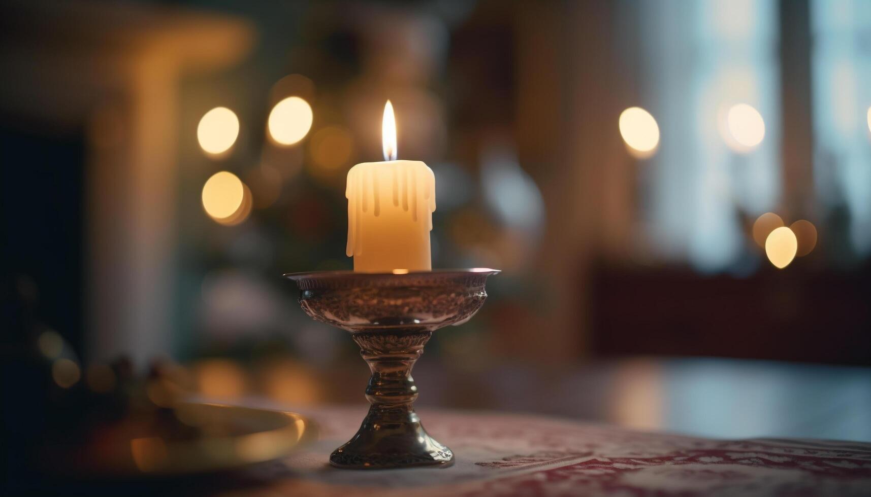 bougie brûlant brillant, éclairant le table avec Naturel flamme généré par ai photo